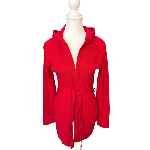VTG Y2K 90s Charlotte Russe RED Rib-Knit Hooded Cardigan Belted Duster USA Sm - Picture 1 of 6